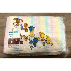 Vintage Baby Receiving Blankets 2 Acrylic 30x40 NOS Pastel Retro Nursery Gift